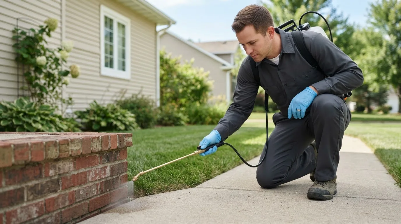 Pest control technician treating a home near Guthrie, TX